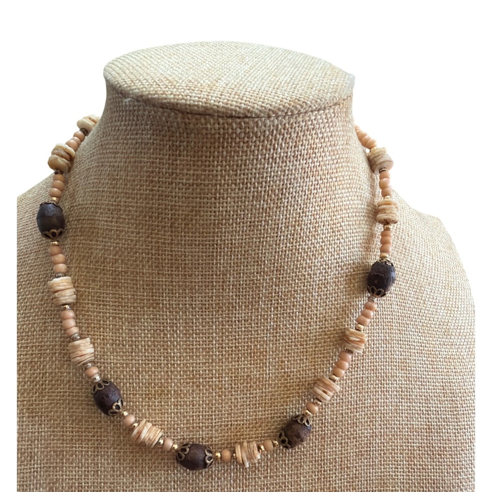 Natural Wood and Puka Shell Beaded Necklace Boho Coastal Tan Brown